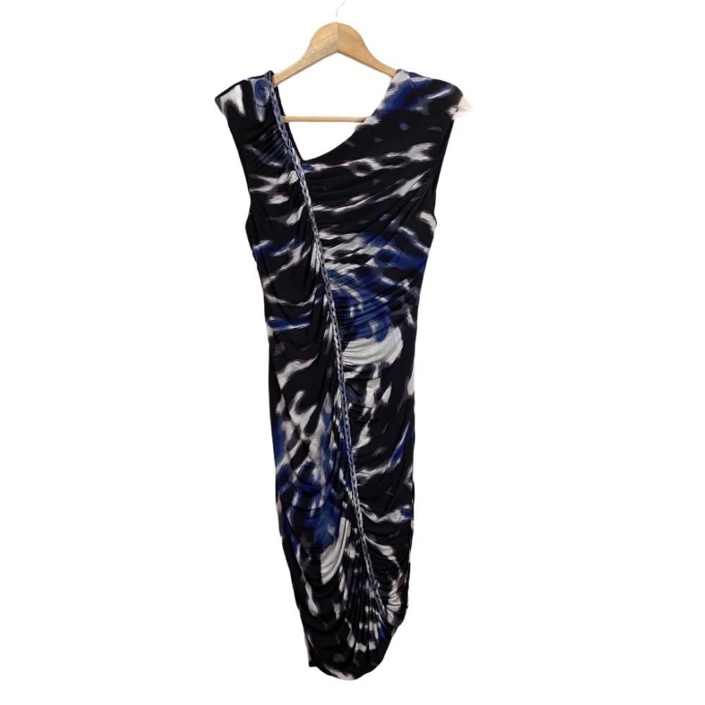bebe Asymmetrical Shoulder Dress in Black and Blue